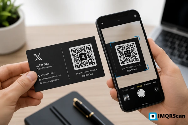Person scanning a QR code for Twitter printed on a business card