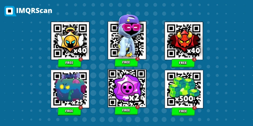 Active Brawl Stars QR codes list showing skins, pins, and emotes