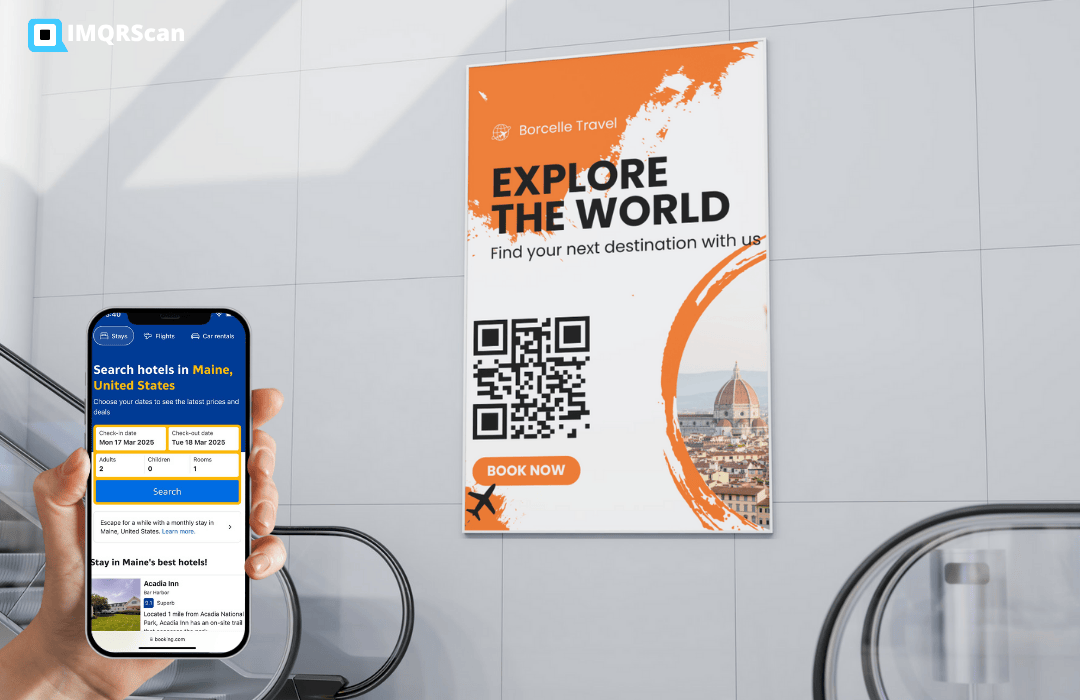 Travel agency flyer featuring a QR code for exclusive vacation deals