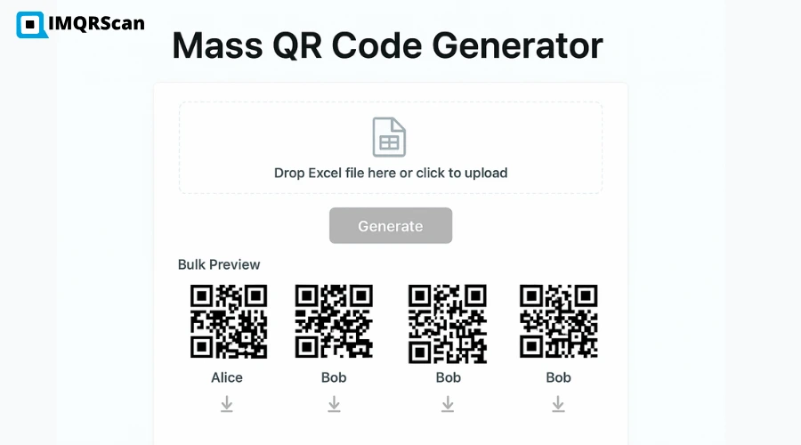 Mass QR code generation dashboard showing mass creation