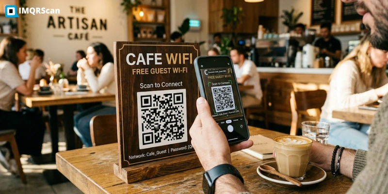 Permanent static QR code on a cafe Wi-Fi sign being scanned by a phone