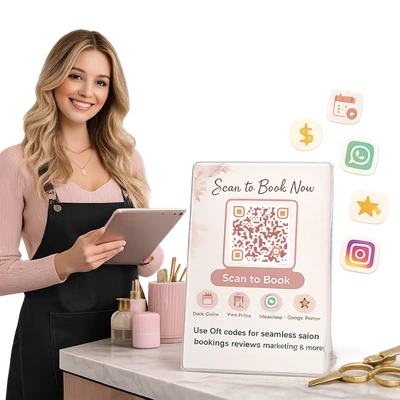 QR code for salon bookings, reviews, prices, and customer contact