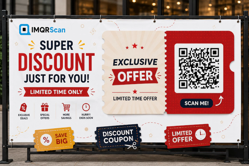 Coupon QR code displayed on a retail promotion for discounts and voucher offers