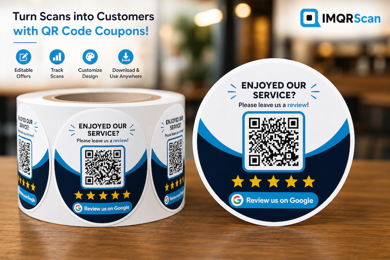 Printable QR code coupon sticker with the offer shown around the code for counters, bags, and receipts