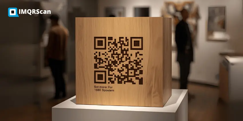 QR code engraved on a wooden cube for modern retail and exhibitions