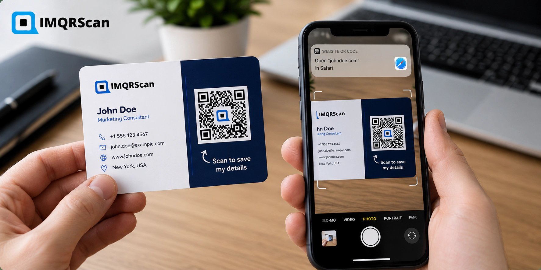 Scanning a QR code business card with a phone camera