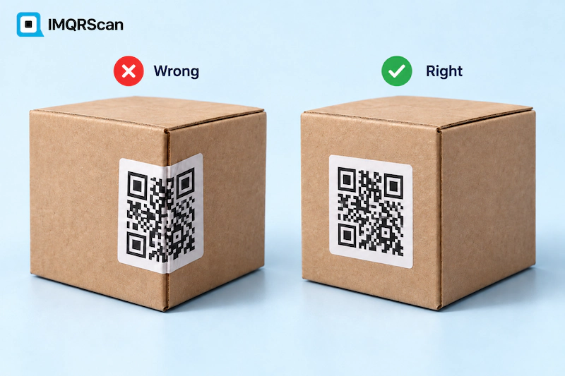 QR code placement on product packaging compared: flat matte area that scans versus curved or glossy area that fails