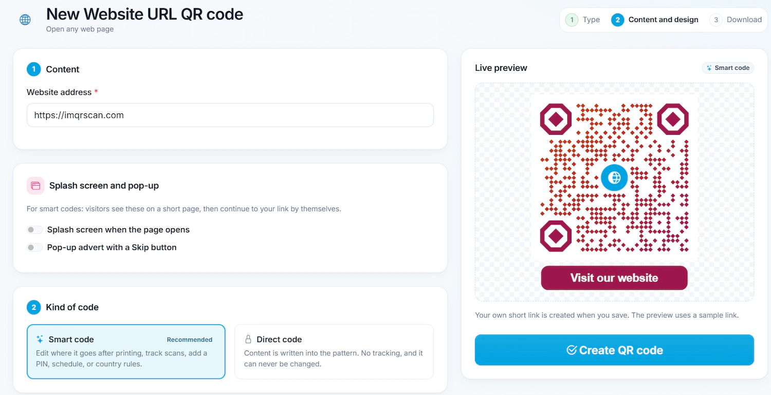 IMQRScan QR code platform creating a new QR code from 75 types