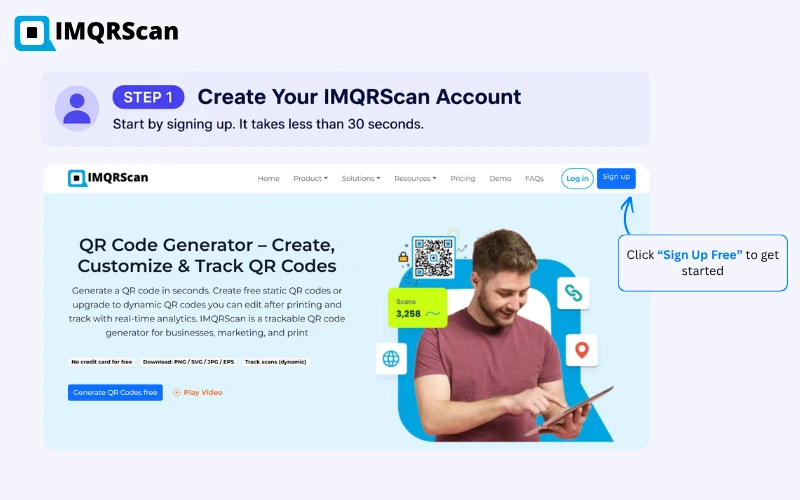 Step 1 — Sign up for a free IMQRScan account to create dynamic QR codes