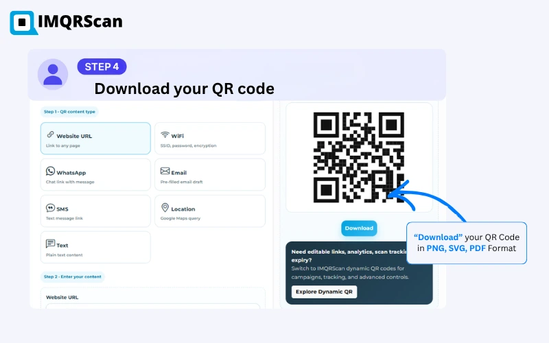 Step 4 — Test your dynamic QR code by scanning it on a phone, then download in PNG, SVG or PDF