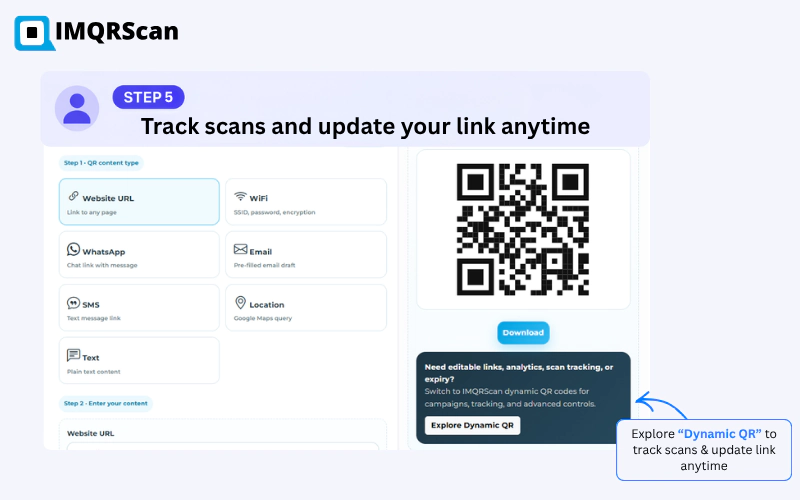 Step 5 — Track scans in the IMQRScan analytics dashboard and update your dynamic QR code URL anytime