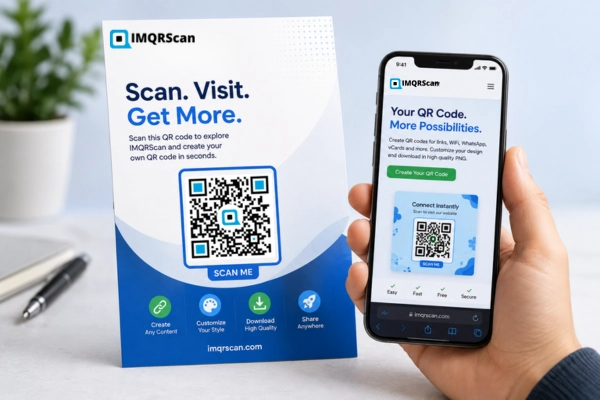QR code PNG example on a promotional flyer with a smartphone displaying the linked website landing page