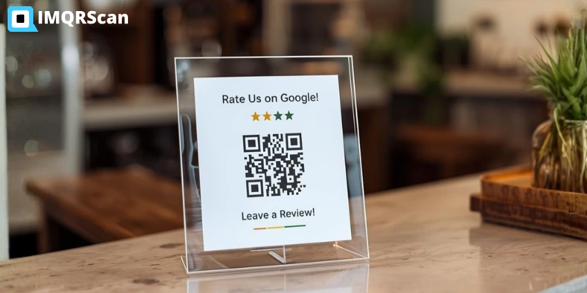 Google Review QR code displayed on counter encouraging customers to rate local small business