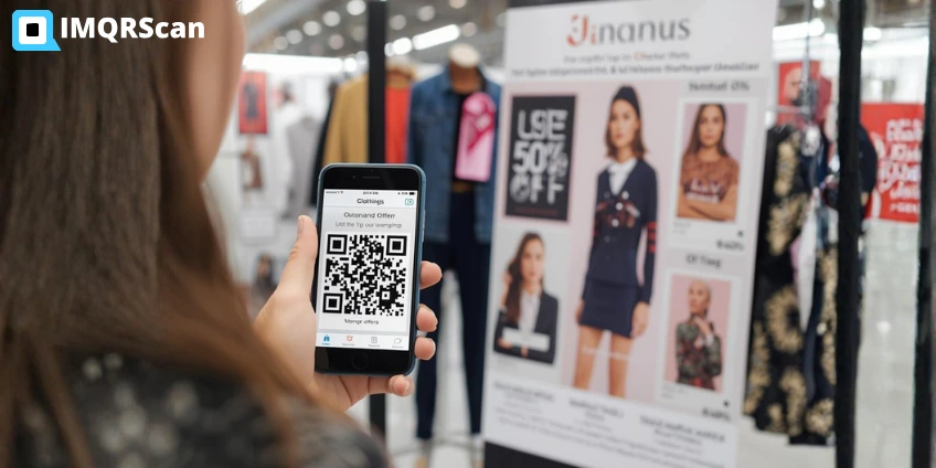 Customer scanning QR code poster to access small business website and promotional offers
