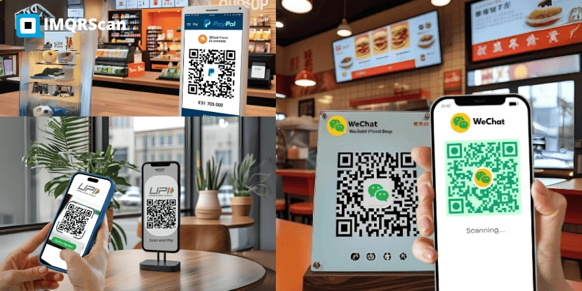 Collage of QR code payment apps including UPI India, Paypal, and WeChat Pay China.