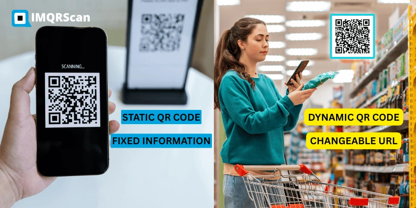 Comparison chart of static vs dynamic QR code payments, showing fixed vs flexible transaction values.