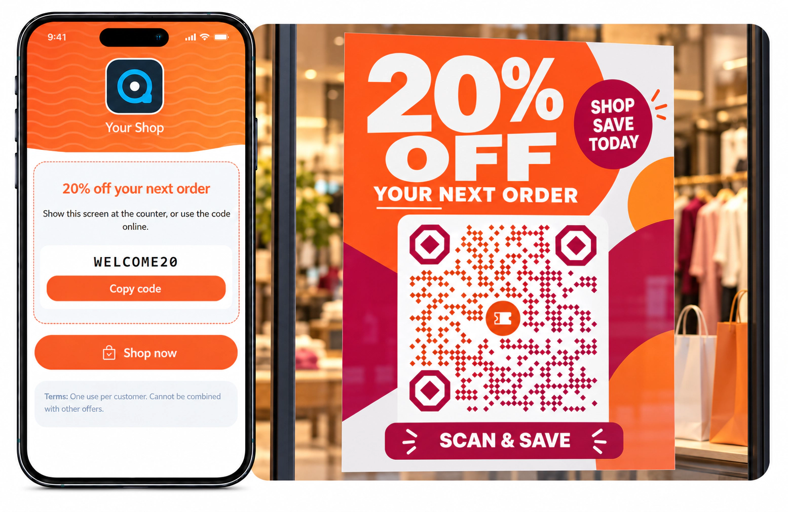 Create a Coupon QR Code: One discount code with an end date and a shop button