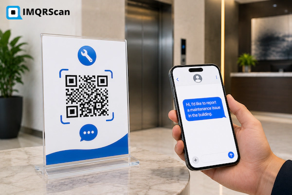 SMS QR code generator used for a maintenance reporting sign in a building lobby
