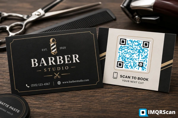 Barber business cards with QR code for booking, reviews, and contact details