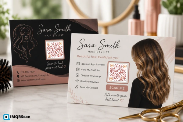 Hair stylist business cards with QR code for portfolio, booking, and contact details