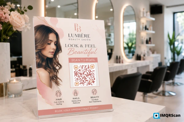 QR code for salon appointment booking on a reception desk